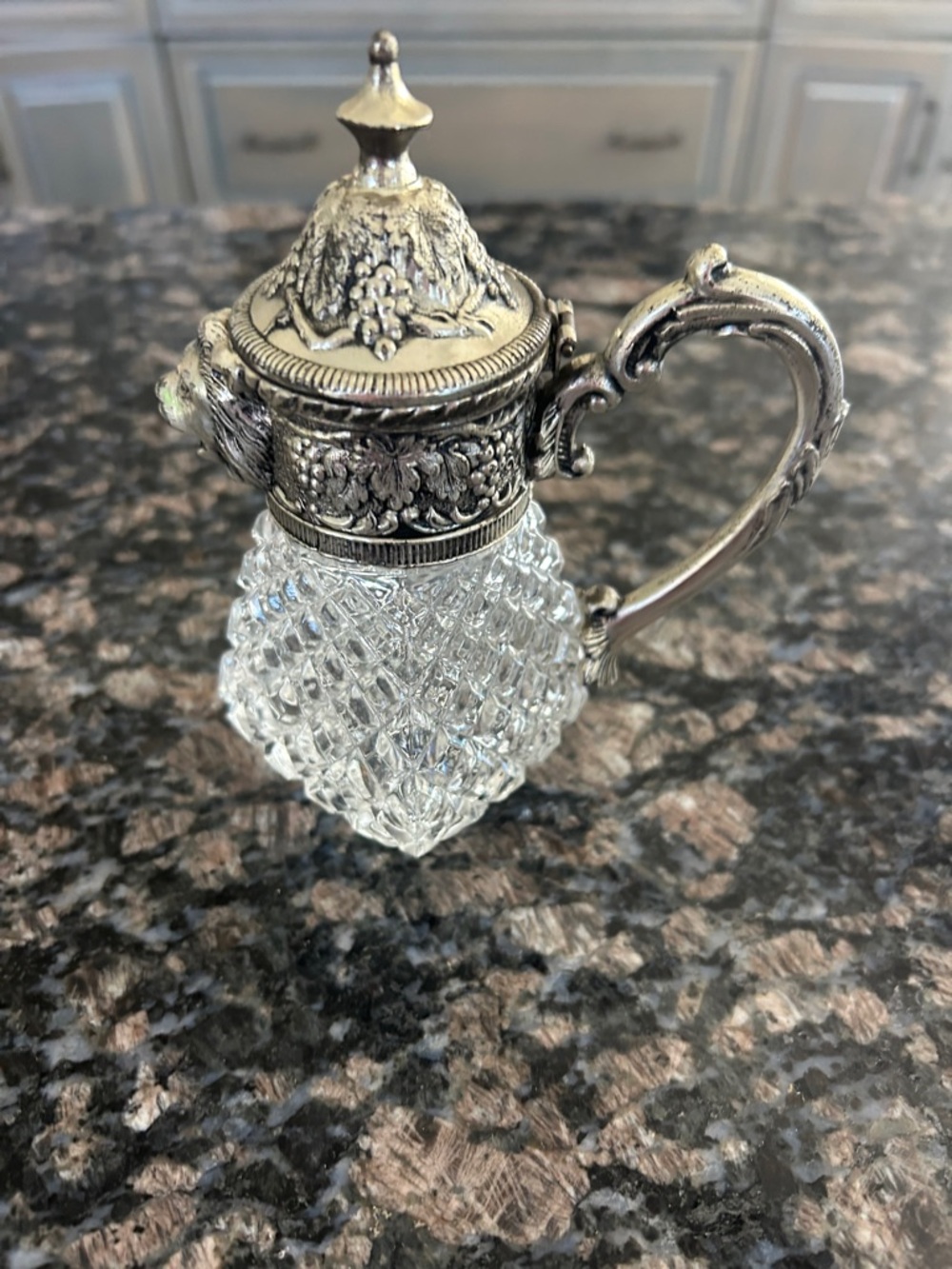 Crystal Cut Glass Pitcher with Ornate Silver-Tone Lid and Handle